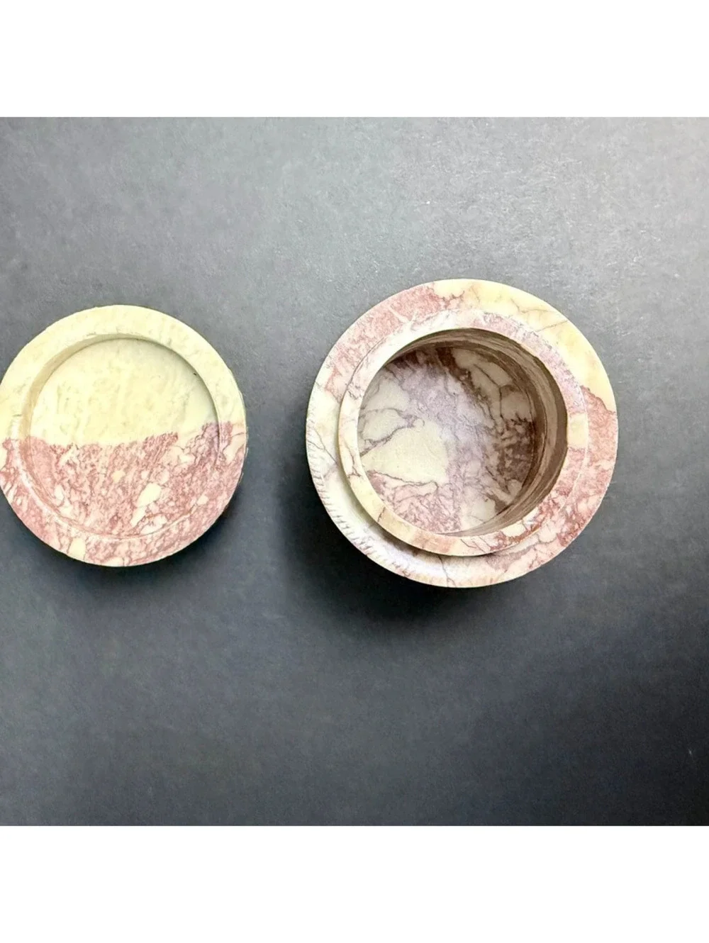 Vintage Hand Carved Soapstone Round Trinket Box Floral Leaf Boho Jewelry